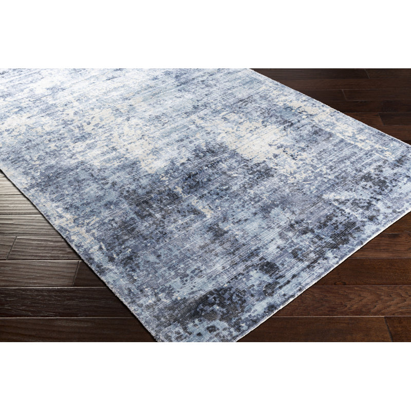 Tapis abstrait bleu fait à la main, Rectangle 5 pi x 7 pi 6 po