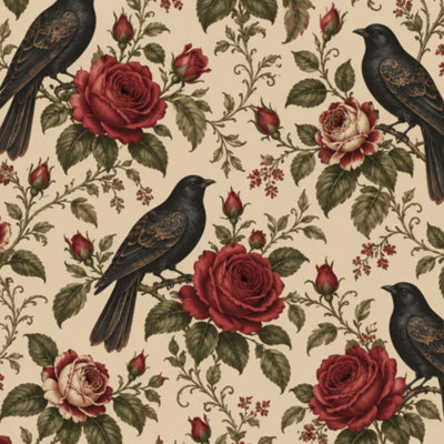 Peel and Stick Wallpaper Black Raven crow Roses gothic Vintage Red green beige Halloween floral Contact Paper Removable Self Adhesive Wall Mural Wall Decor for Bedroom Kitchen Cabinets 24in x 118in