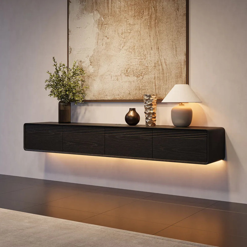 FLOAT -  Mid-Century Floating TV Stand With Adjustable LED Lights, Black, 9.84"H x 79"L x 14.75"W