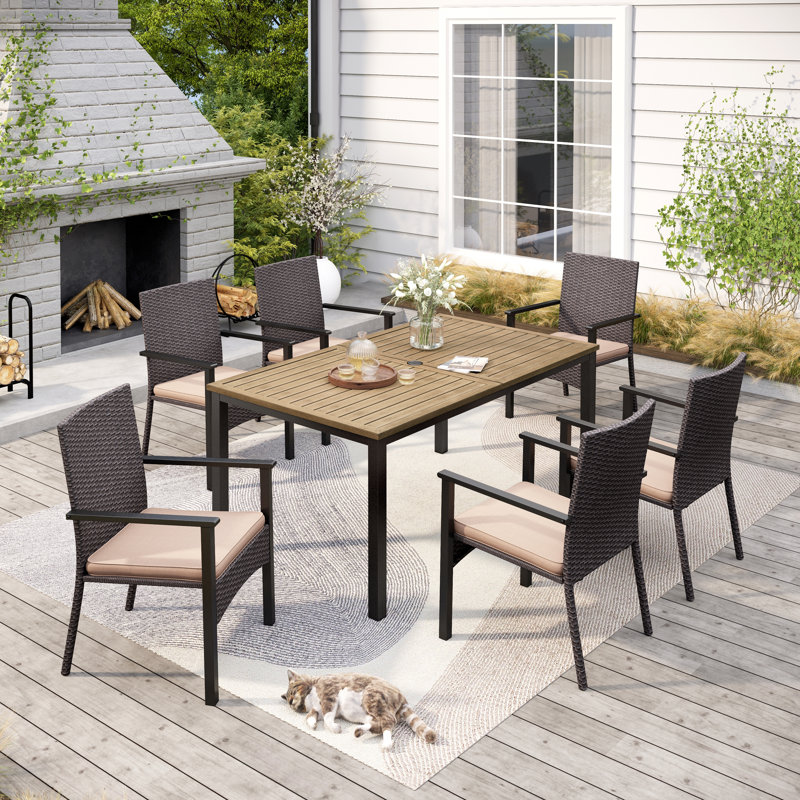 6 - Person Premium All-Weather Wicker Patio Dining Set with Rectangular Table , Cushions Included