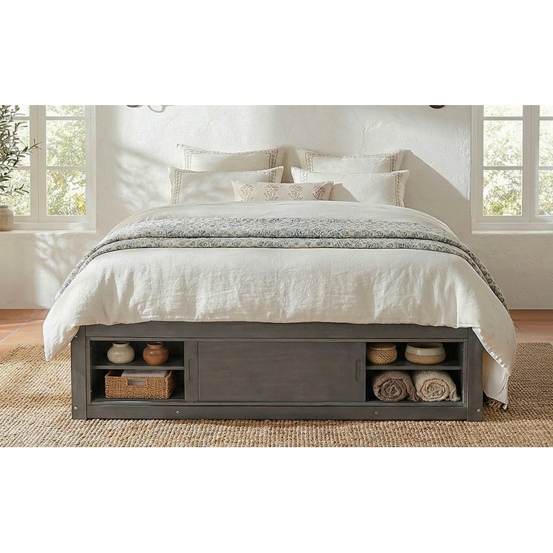 Loria Size Platform Bed Frame With 4 Storage Drawers And Footboard Storage Cubby, No Headboard, Modern Space-Saving Design-Antique Gray