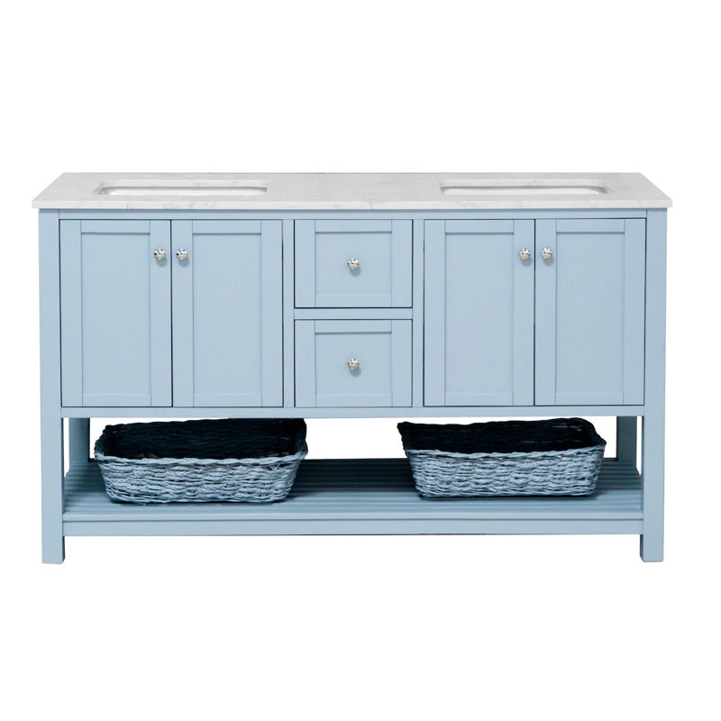 Ensemble de meuble-lavabo double 60 po Binne, Bleu poudré, Carrara d'ingénierie