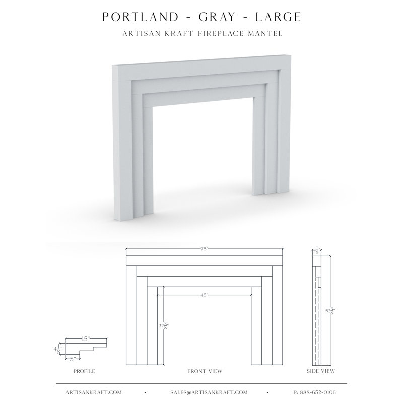 Portland Cast Stone Fireplace Surround with Beveled Hearth, Gray, 4.125" x 75" x 52.38"