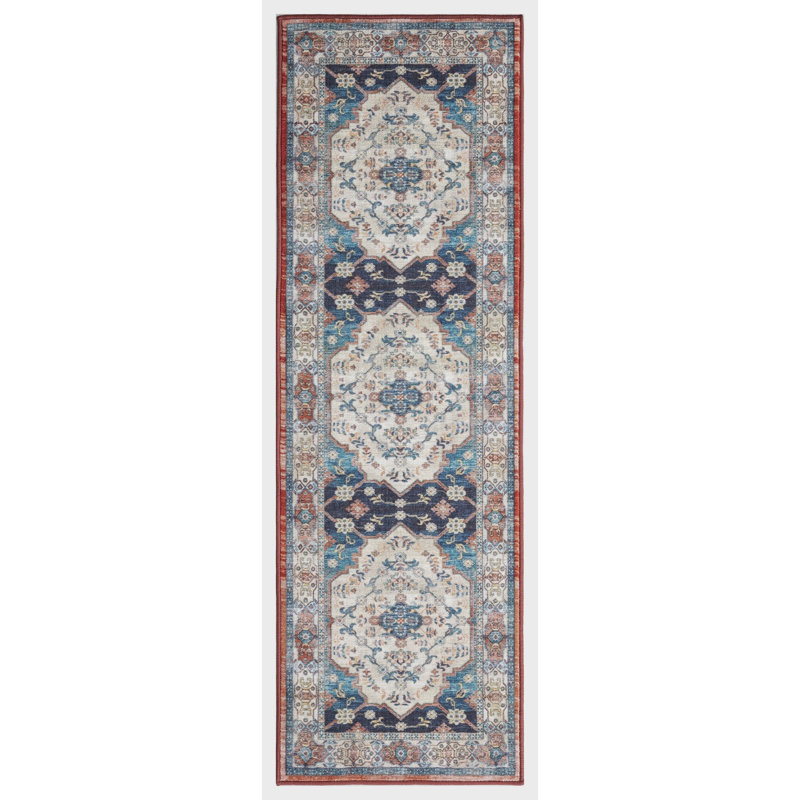 Tapis ivoire / bleu marine à motif de médaillon antidérapant Lyanne, Tapis de couloir 2 pi 2 po x 7 pi