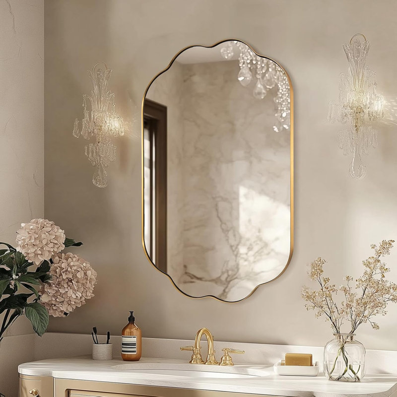 Contemporary Oval Scalloped Bathroom Vanity Wall Mirror | Stainless Steel Frame, 36" x 24", Brushed Gold