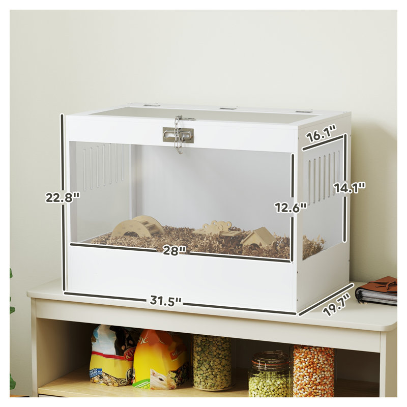 Cage pour petits animaux en acrylique blanc et panneau de fibres à densité moyenne avec plateau, serrure, cabane et accessoires ouverts
