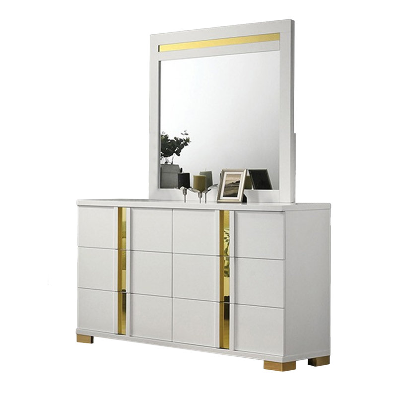 Ensemble de chambre à coucher grand avec 5 lumières à DEL Yoki, blanc et or, 2 tables de chevet Yoki, Blanc/doré