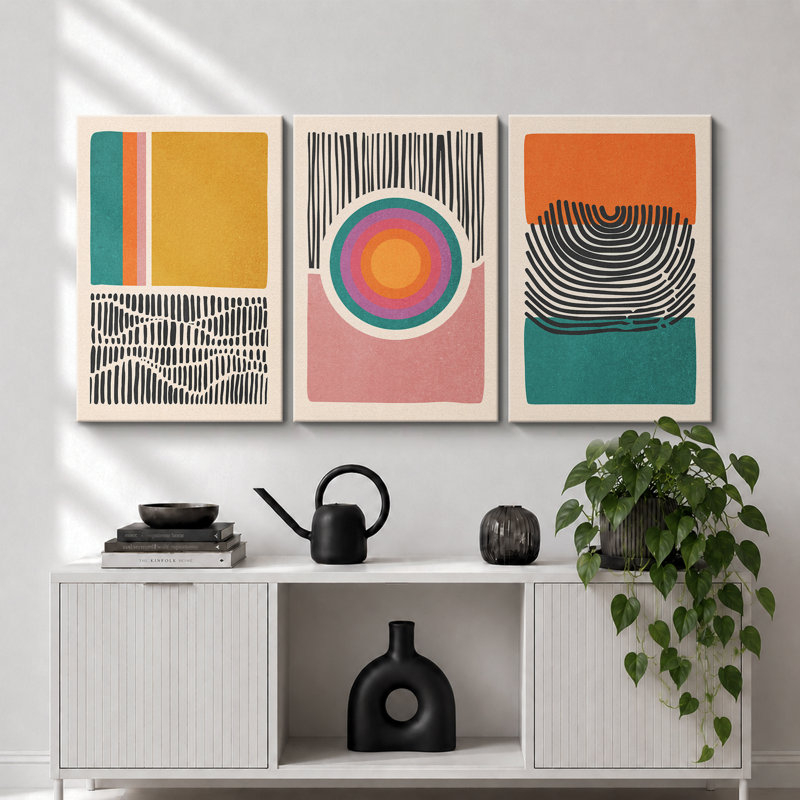 «Abstract Vibrant Color Blocks Mid-Century Multicolor Color Block Shape Abstract Geometric», ensemble de 3 impressions sur toile flottante