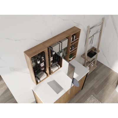 Armoire de toilette 41,4 po avec rangement, armoire à pharmacie murale avec porte miroir, tablettes en verre réglables, contreplaqué
