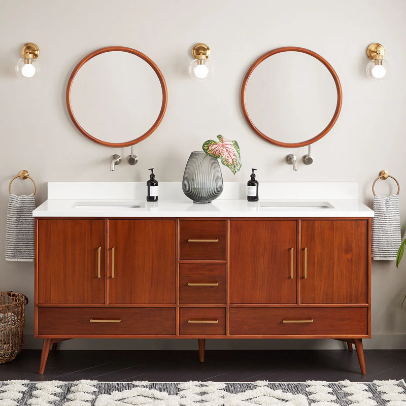 72" Novak Double Bathroom Vanity Set with Rectangular Undermount Sinks, No Faucet Hole, Arctic White Quartz, Natural Teak