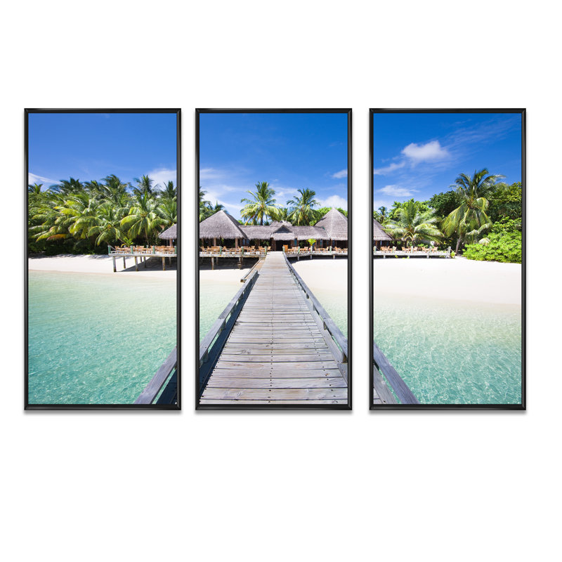 Plage avec cocotiers - ensemble d'art mural sur toile encadré paysage, Noir, noir, noir, noir, H 28 po x l 36 po