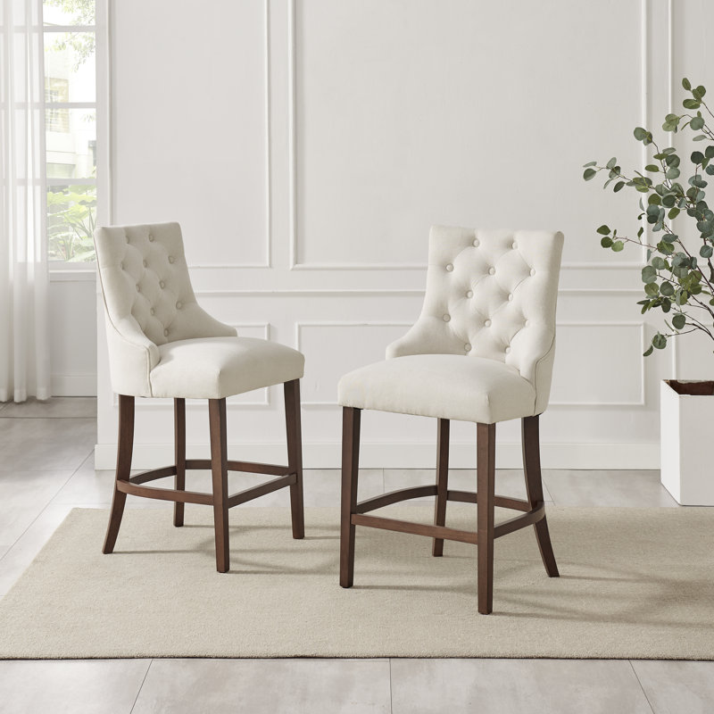 Eubanks Beige Linen Fabric Bar Chairs Wood Effect Legs - Luxury Modern Chesterfield Style, Walnut