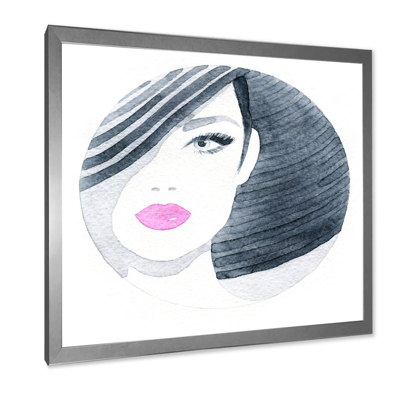 Fashionista avec un chapeau rayé et des lèvres roses - reproduction de cadre photo sur toile, H 30 po x l 30 po x P 1 po