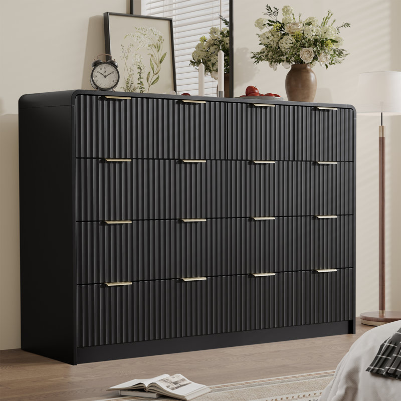 Abrianna 55.1” W 10-Drawer Dresser With Gold Handles, Chest Of Drawers For Bedroom, Living Room,Black, Black