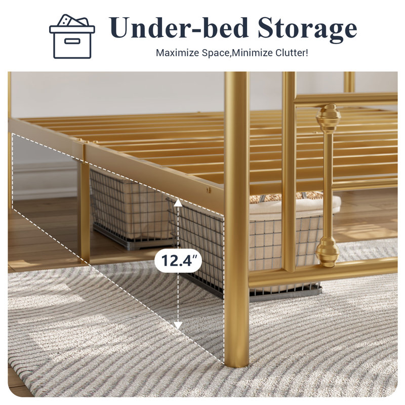 Twin Gold Metal Frame Bed with Headboard and Storage