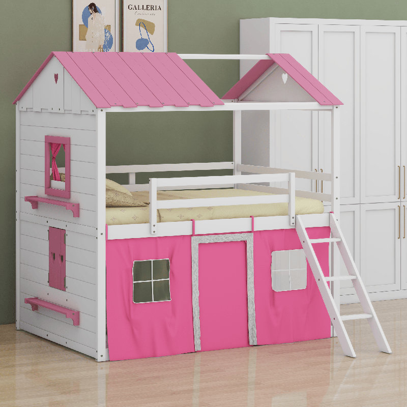 Lit superposé en bois avec fenêtres élégantes, Rose/Blanc