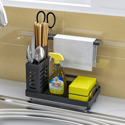 Black Stainless Steel Kitchen Sink Caddy Organizer, Multi-Functional With Removable Drip Tray And Versatile Storage