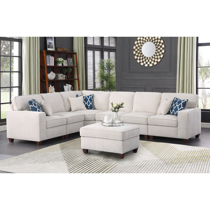 7 - Piece Upholstered Sectional, Beige Chenille