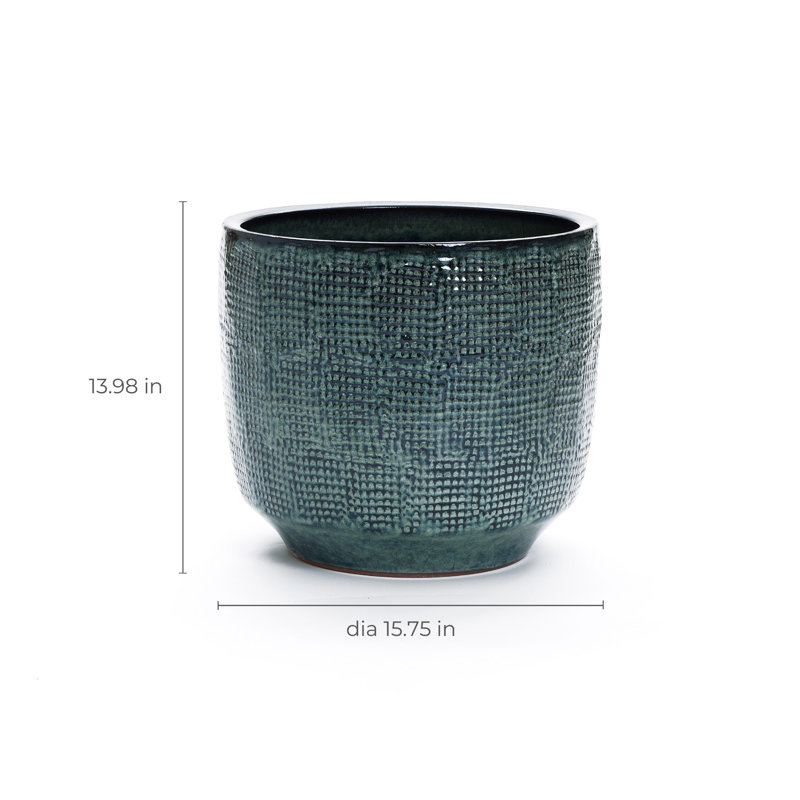 Ocean Round Ceramic Planter, 13.98" H x 15.75" W x 15.75" D, Green/Gray