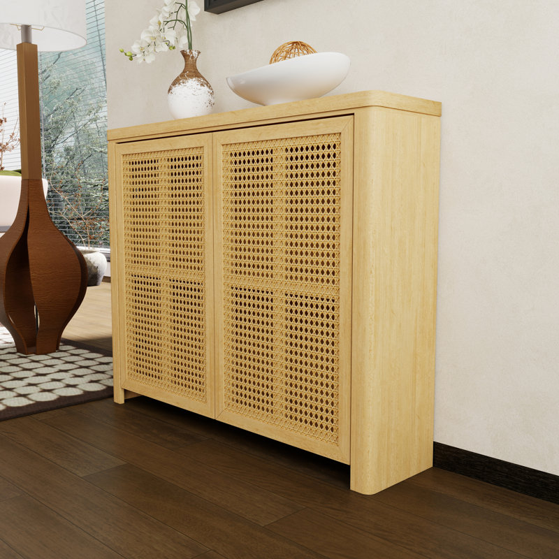 39" Mid Century Modern Rattan Storage Cabinet With 2 Outlet Holes And Shelves, Natural