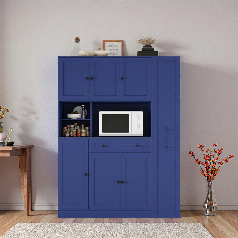 Garde-manger autoportant avec armoire latérale, tablettes de porte et tiroir, Bleu