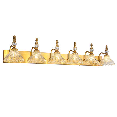 6-Light Vintage Brass Vanity Light, Flower Glass Shade Bathroom Over Mirror Lighting Fixture