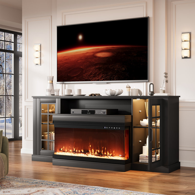 Meuble télé pour téléviseur de 65 po ou moins avec foyer, Noir, noir, noir, noir