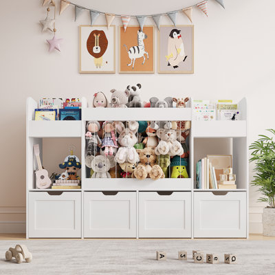 63"W Toy Storage with 4 Removable Drawers, 132L Stuffed Animal Storage with 2 Cabinet, Toy Organizer with 6-Tier Bookshelf, for Playroom, Nursery,Kids Room,White