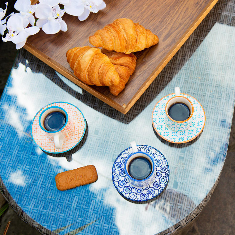 Nicola Spring - Hand-Printed Espresso Cup & Saucer Set - 65ml - Blue, 6