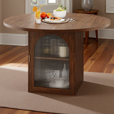 Table de salle à manger ronde de 47 pouces avec armoire de rangement, base à piédestal moderne, portes en verre nervuré, 4 à 6 places, peu encombrante pour un appartement ou un petit espace
