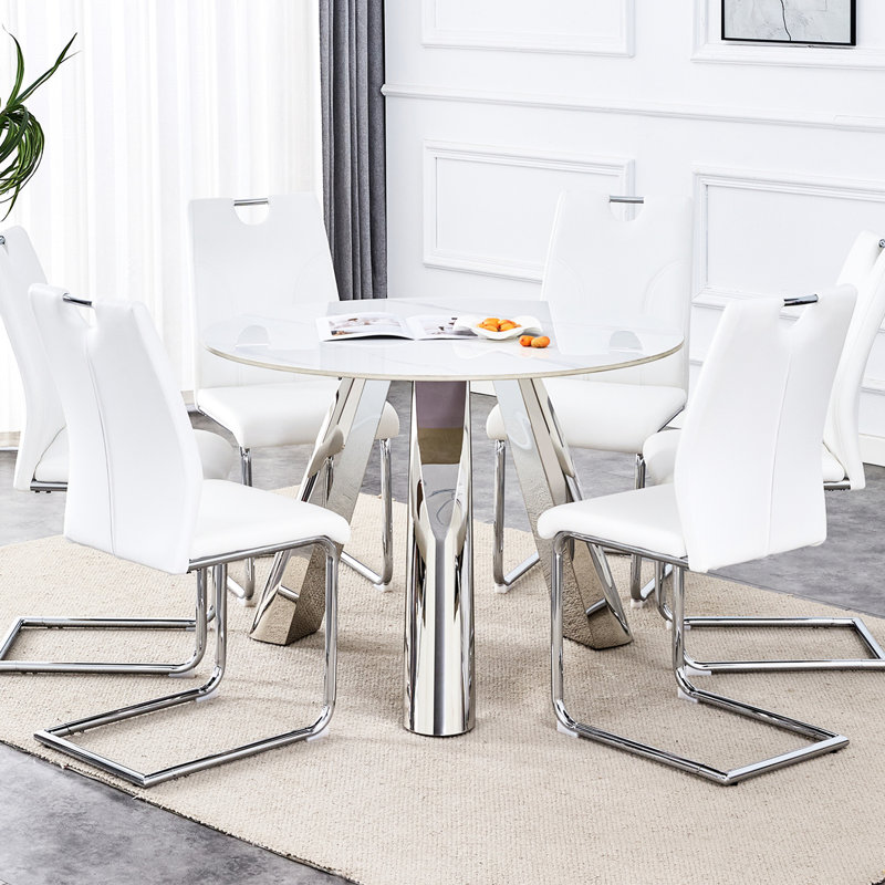 Ensemble de 6 tables de salle à manger et chaises - plateau de table en pierre frittée de 42 po, chaises blanches avec pieds argentés décoratifs, acier inoxydable moderne de 42 po, pierre, couleurs