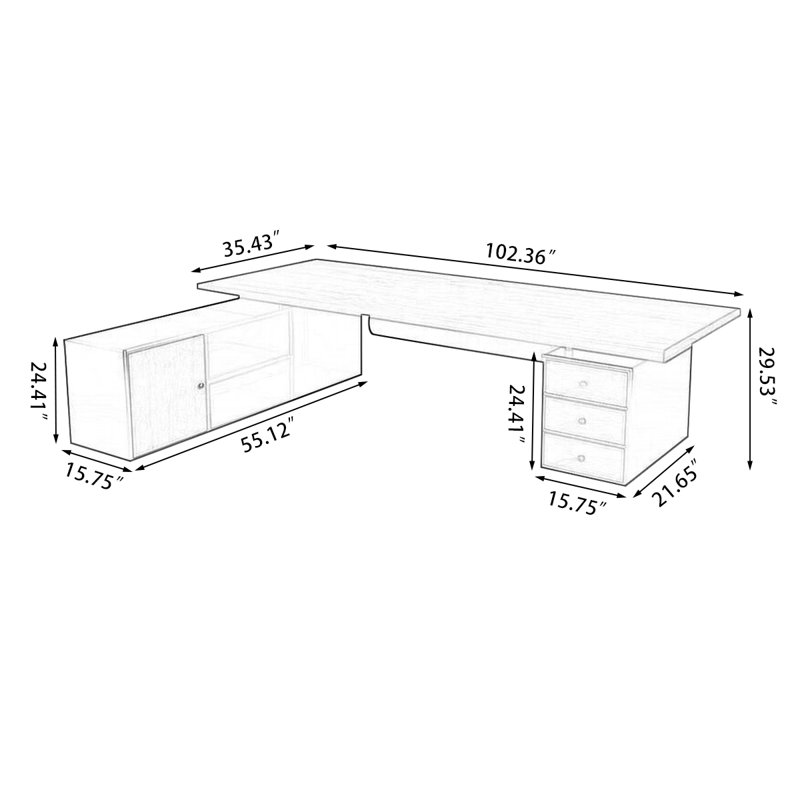 Tan+Black Rectangular Solid Wood+Iron desks, Left Hand Return, 29.53" H x 102.36" W x 35.43" D