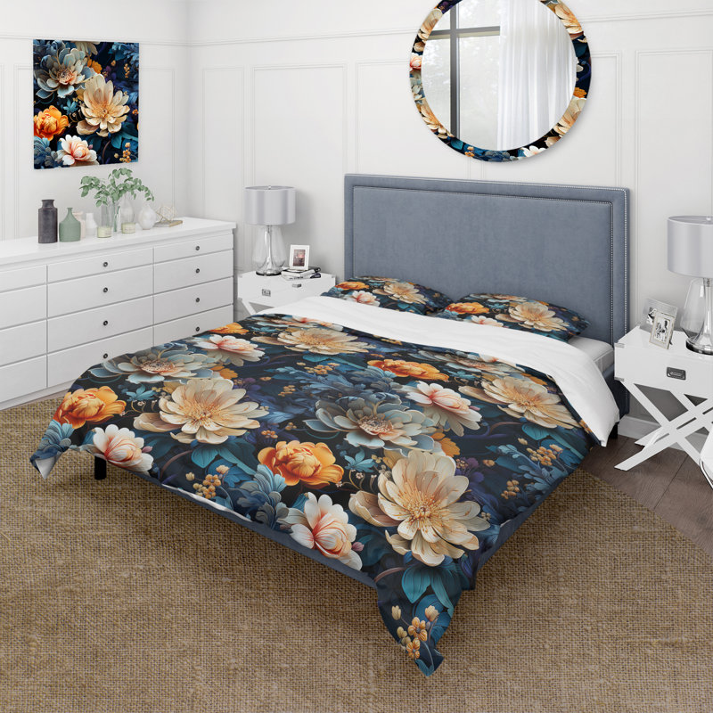 Ensemble de housse de couette Beige Ornate Blooming Legacy Delight, Housse de couette simple + 1 taie décorative stan