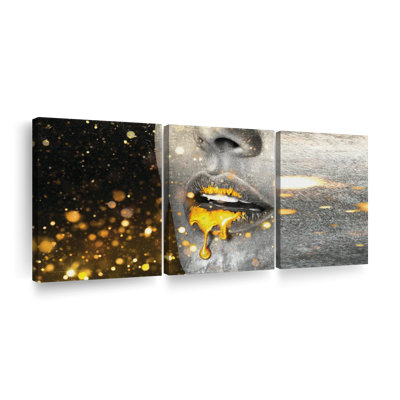 " Gold Glitter Lips Paint Drip Multi Piece Canvas Print " by Shawn's Illusions 3 - Pieces