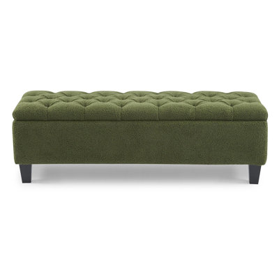 Ottoman Bench With Storage, Green Boucle Surface, Rubber Wood Legs, 300 Lbs Capacity