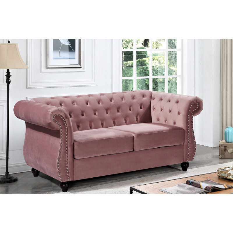 Feinstein 67.6" Velvet Rolled Arm Chesterfield Loveseat, Rose