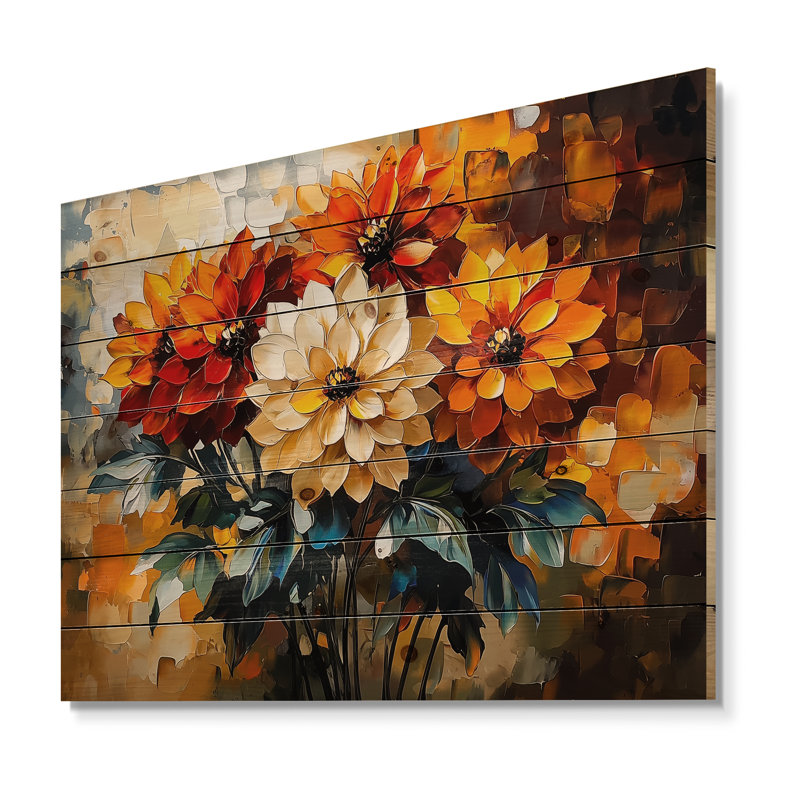 Abstrait orange Dahlia Glow V - décoration murale en bois Dahlia - sur bois de pin naturel, H 24 po x l 32 po x P 0,78 po