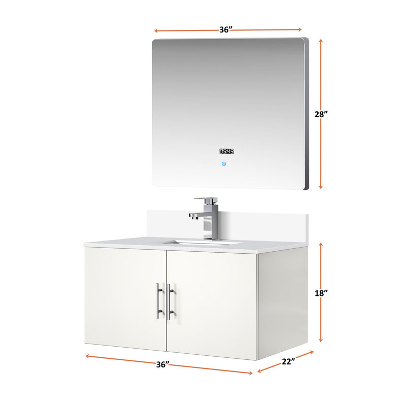 Meuble-lavabo blanc brillant 36 po x 22 po avec comptoir en quartz, robinet et miroir à DEL L 22 po avec utilisation prolongée