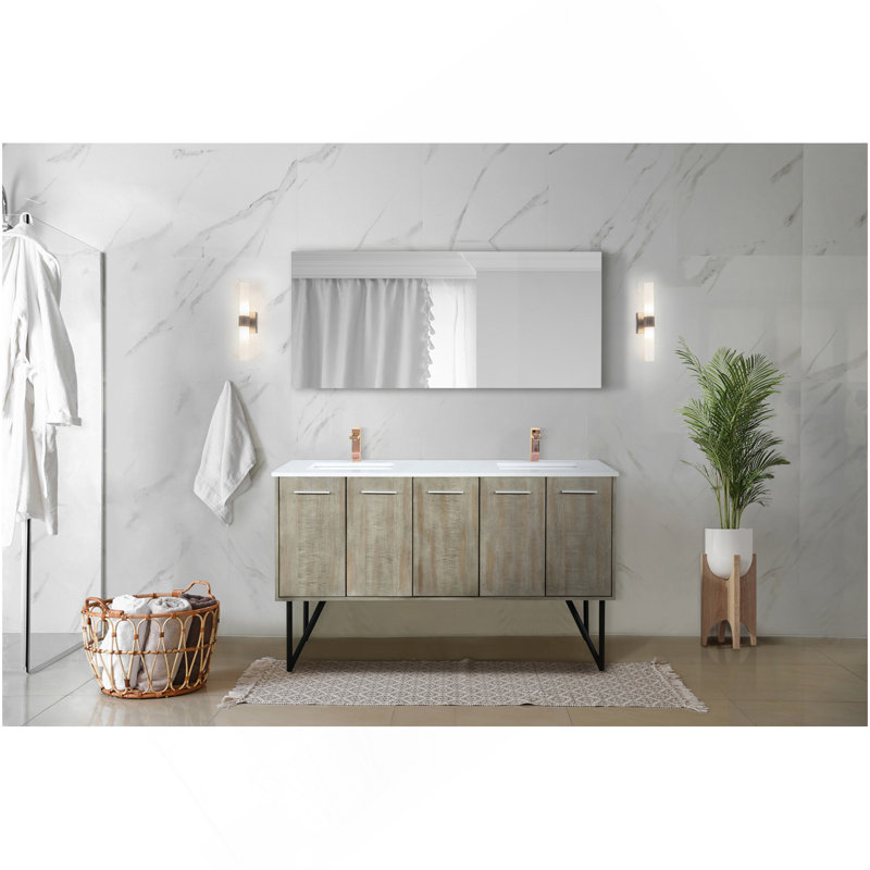 Meuble-lavabo double en acacia rustique 60 po X P 20 po D, plateau en marbre de culture, ensemble de robinet en or rose et Miroir