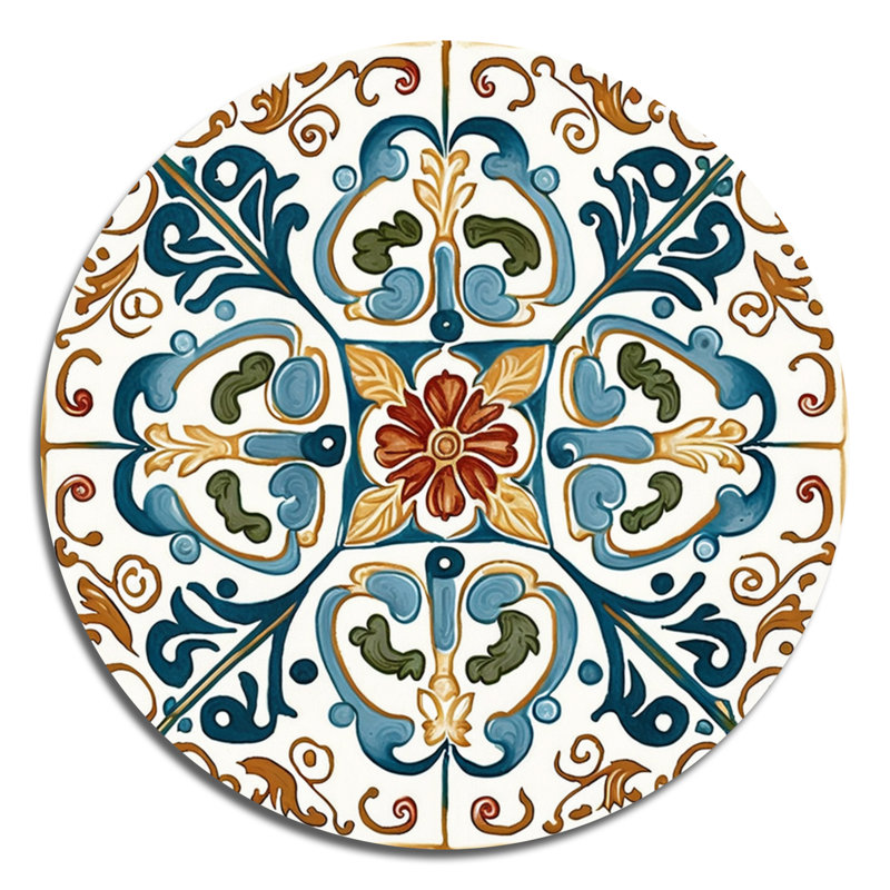 Carrelage méditerranéen rétro bleu VI - tuile abstraite ronde, art mural sur métal, L 23 po x H 23 po