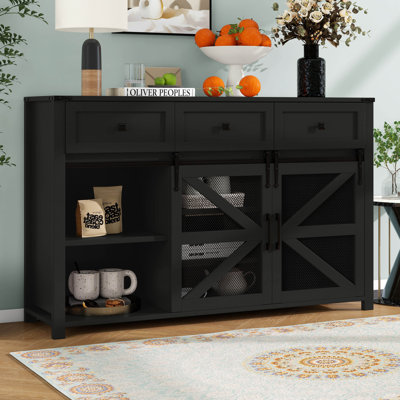 55'' Sliding Barn Door Sideboard With Metal Mesh Door, Buffet Cabinet With 3 Drawers, Aluminum Handles And Adjustable Shelves