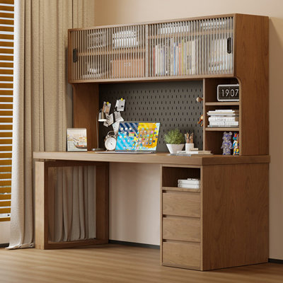 Brown + Black Rectangular Solid Wood + Iron with 3 drawers desk