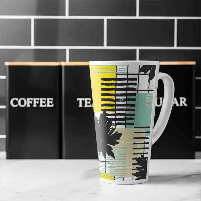 Geometric Shape & Leaf Print Latte Mug, Yellow