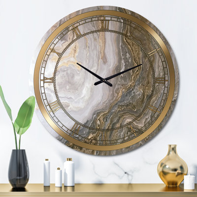 Alcesta White Marble with Curley Gray and Gold Veins - Glam Metal wall clock
