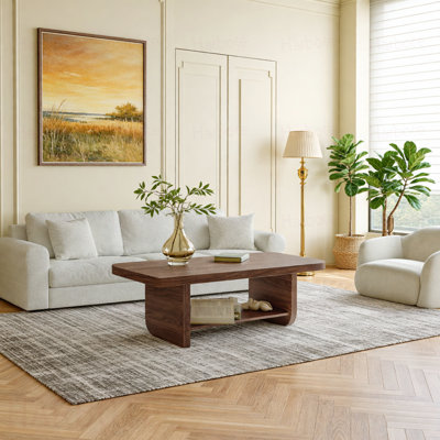 Table basse de 47,2 po en forme d'éventail avec tablette de rangement inférieure, finition grain de bois de noyer, table de salon de style Mid-Century, mobilier d'appoint de style maison de campagne pour les grands espaces, assemblage facile