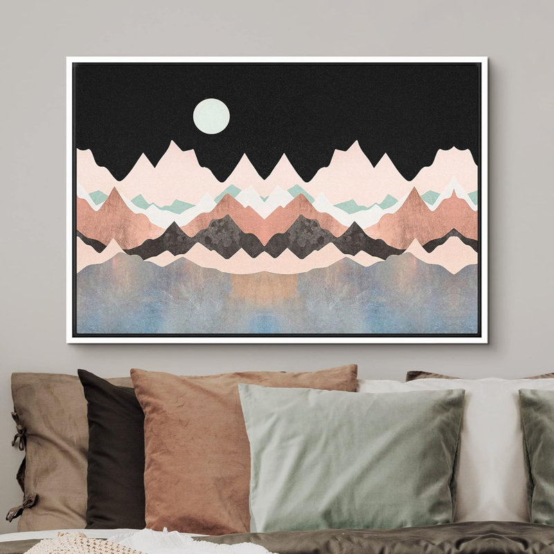 Sun Mountain Range " Pink Black & Tan Mountains Under The Moon ", White, 24" H x 36" W x 1.5" D