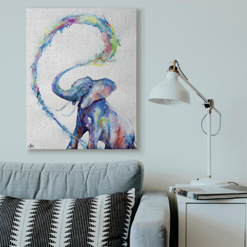 Stearns, grand éléphant abstrait, peinture à l'aquarelle, H 36 po x l 48 po x P 1,5 po, Toile tendue
