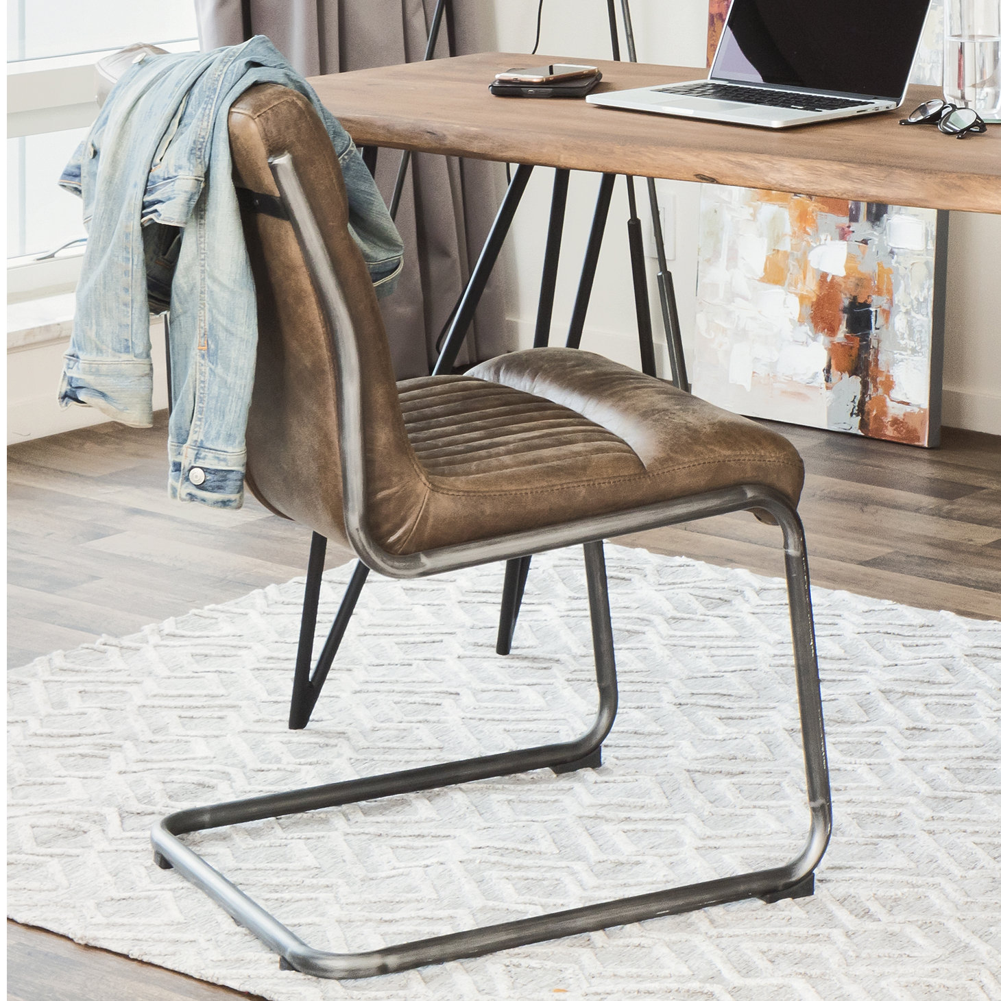 Pirlo Genuine Leather Side Chair, Brown Genuine Leather