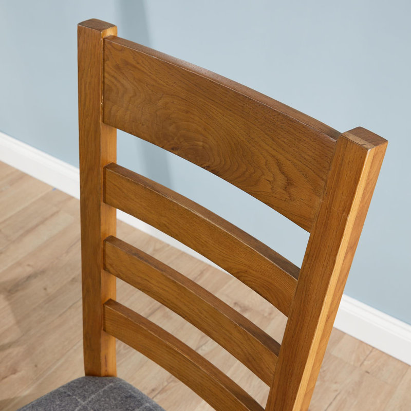 Pair of Assembled High Slatted Back Dining Chairs Wool Seat Solid Oak Legs, Grey