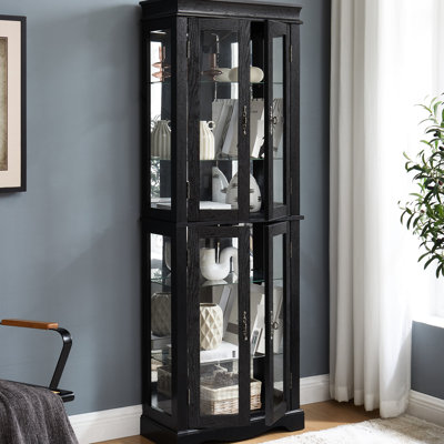 Bois illuminé - Armoire en verre encadrée avec plateau carré, structure à six niveaux, présentoir personnalisable pour garde-manger, charnière de rangement noire, tablettes réglables, décor à collectionner